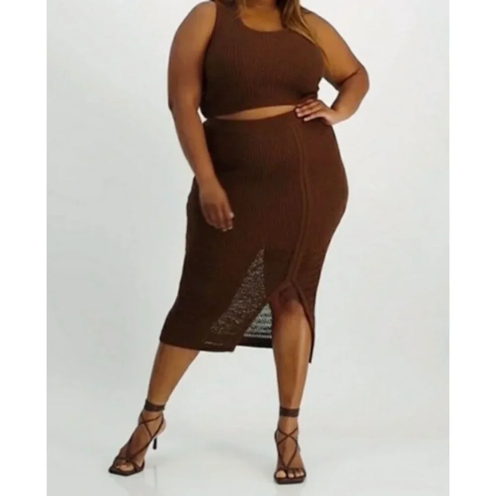 Nina Parker  Brown Knit Pencil Crochet Midi Skirt with Front Slit 3X NWOT